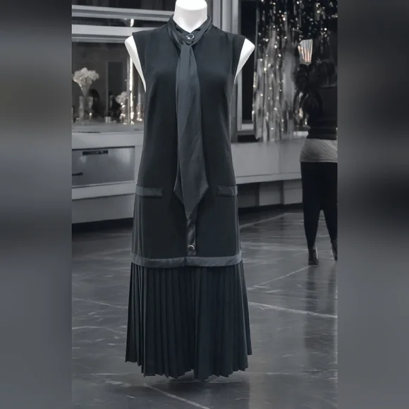 Iconic Fink Modell 1960s Black Satin Bow Tie Sleeveless Shift Dress Pleated Midi - Picture 5 of 12